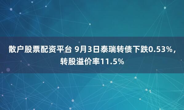 散户股票配资平台 9月3日泰瑞转债下跌0.53%，转股溢价率11.5%